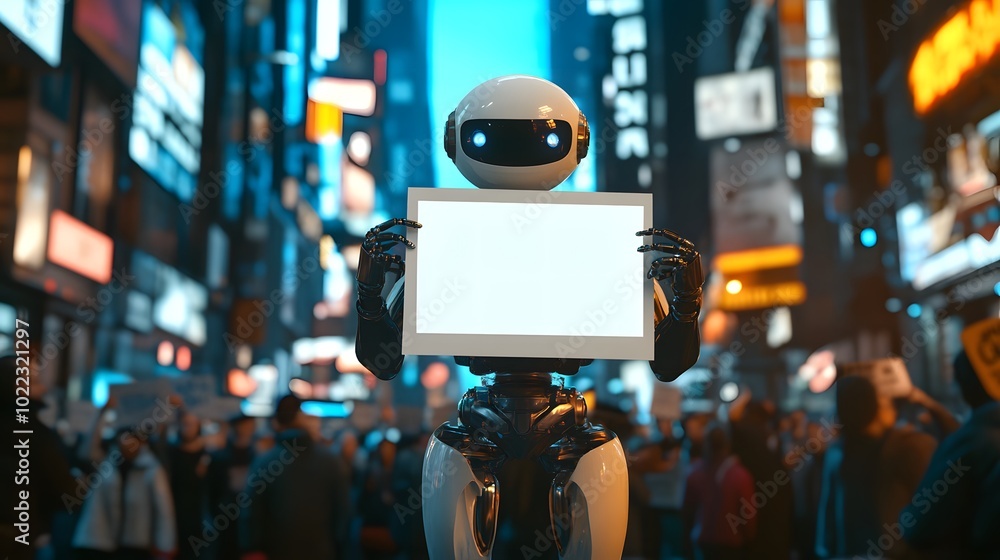 In the middle of a futuristic city street, a robot stands amidst a crowd of protesters, holding a blank white sign In the middle of a futuristic city street, a robot stands amidst a crowd of protesters, holding a blank white sign