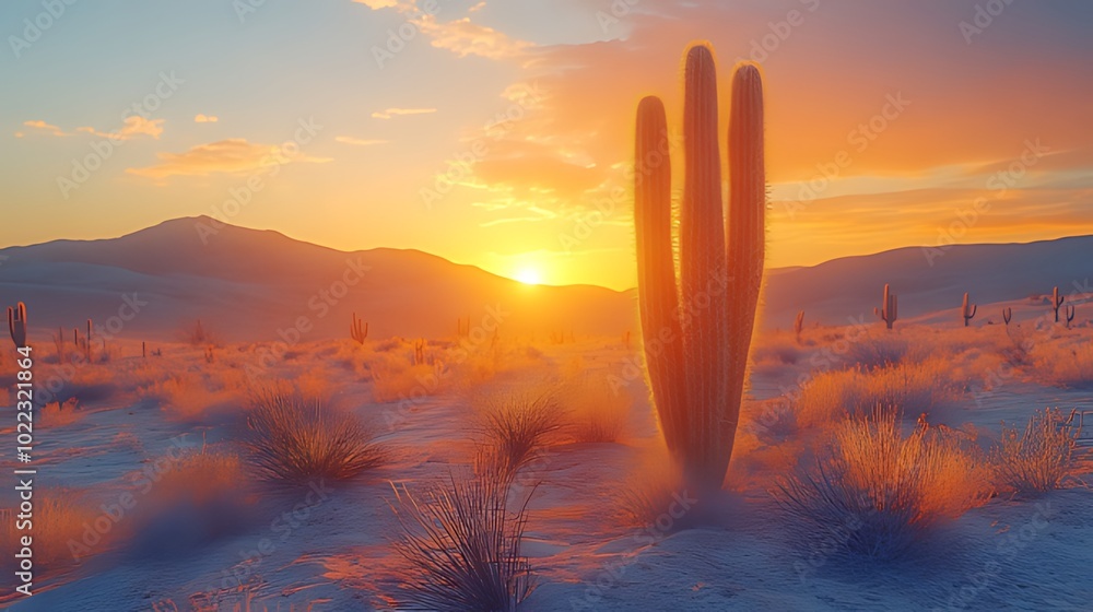 A vibrant sunset casts a golden glow over a vast desert landscape, highlighting tall cacti and a panoramic view of distant mountains. A vibrant sunset casts a golden glow over a vast desert landscape, highlighting tall cacti and a panoramic view of distant mountains.