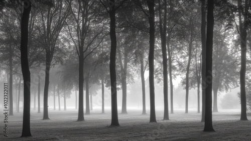 Misty Forest Landscape in Black and White