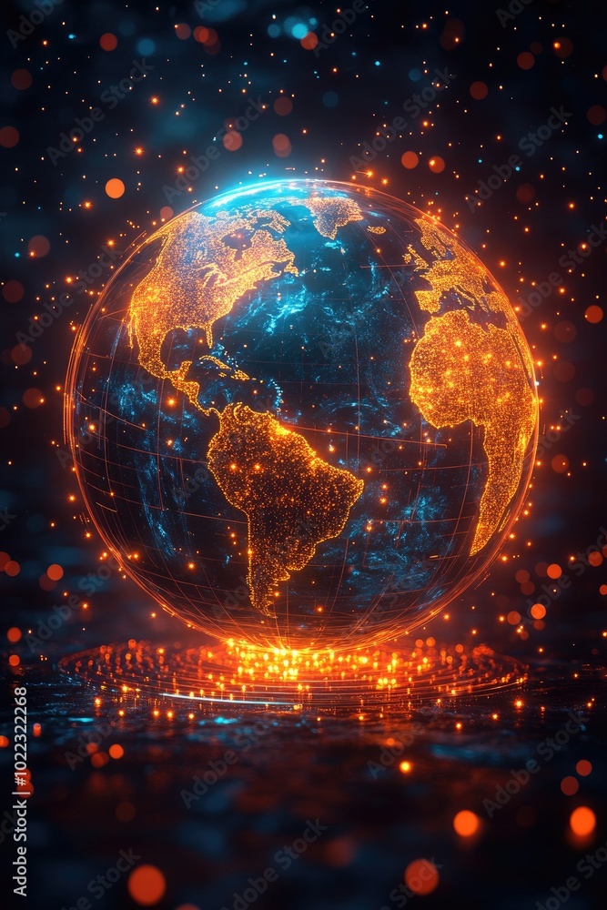 Obraz premium Holographic Earth globe with vector design elements and digital background.