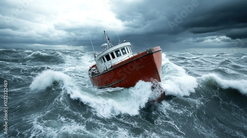 Red boat navigating stormy seas with turbulent waves and dark clouds. photo