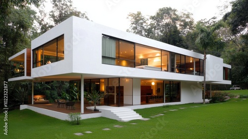 Modern container house with a second level, featuring big windows and a minimalist aesthetic