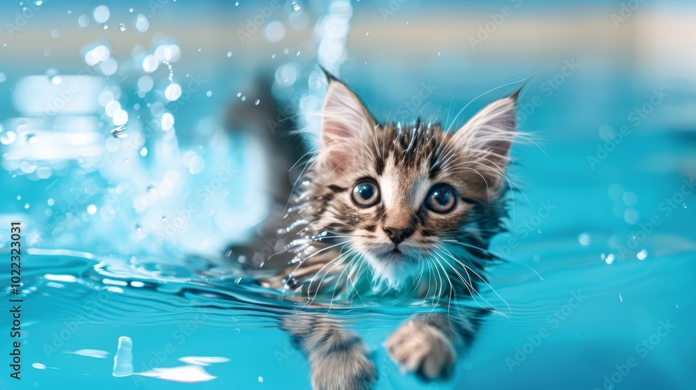 Fluffy Kitten Swimming in Water Fluffy Kitten Swimming in Water