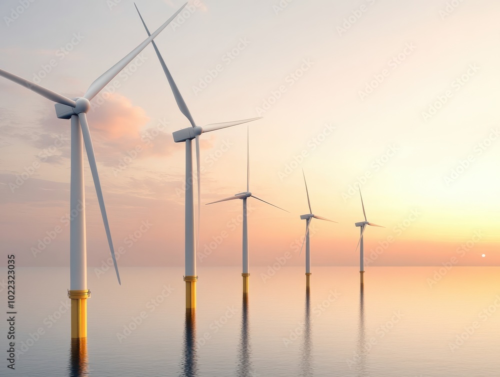 Stunning sunset over wind turbines in calm waters, showcasing sustainable energy and innovation in a serene landscape. Stunning sunset over wind turbines in calm waters, showcasing sustainable energy and innovation in a serene landscape.