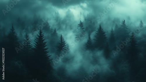 A dense evergreen forest shrouded in a thick layer of fog, creating a mysterious and ethereal atmosphere.