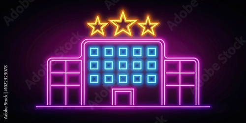 Featuring a dazzling 3D modern five-star hotel icon, electric neon hues contrast sharply against a dark background, creating a striking visual for design purposes.