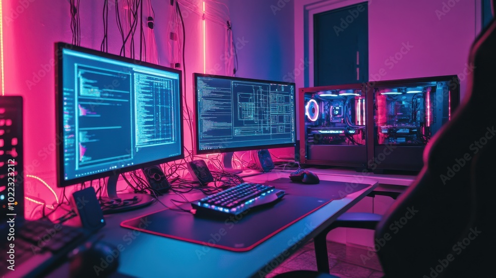 Stylish gaming setup featuring multiple monitors, glowing lights, and a sleek keyboard, perfect for tech enthusiasts. Stylish gaming setup featuring multiple monitors, glowing lights, and a sleek keyboard, perfect for tech enthusiasts.