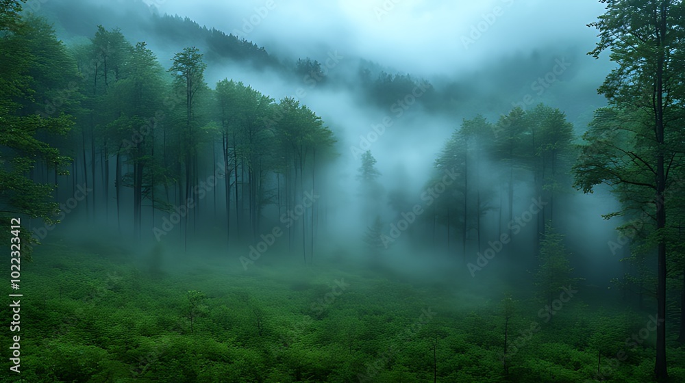 Fototapeta premium A misty forest with tall trees and lush green undergrowth.