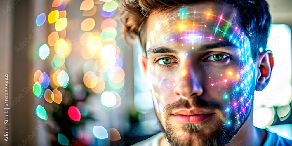 Close-Up of a Face Illuminated by Holographic Notifications in a Home Setting: Macro Shot Illustrating Excitement, Engagement, and Advanced Technology Integration in Remote Work for Photo Stock Close-Up of a Face Illuminated by Holographic Notifications in a Home Setting: Macro Shot Illustrating Excitement, Engagement, and Advanced Technology Integration in Remote Work for Photo Stock