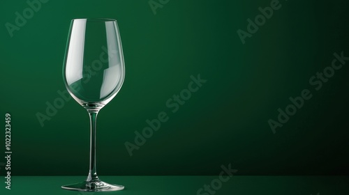 A refined, empty wine glass photographed in a professional studio with a rich dark green background