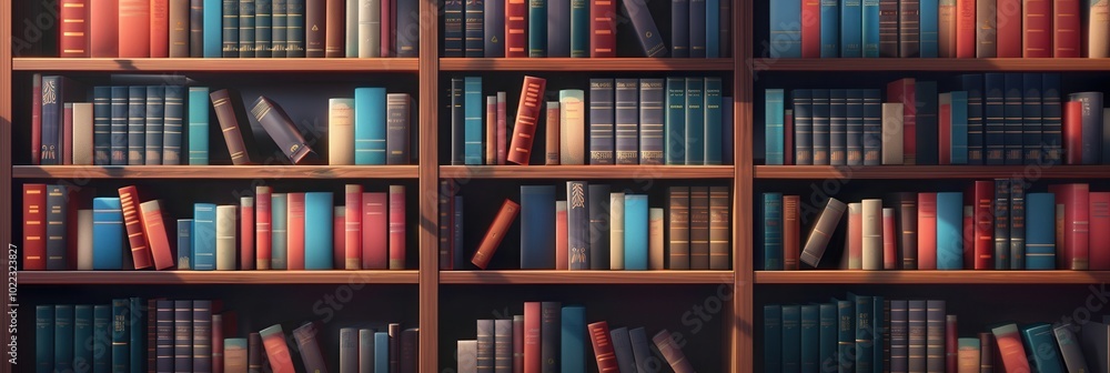 Wooden shelves are filled with a diverse collection of textbooks and academic literature, inviting study and exploration in a tranquil space. Generative AI Wooden shelves are filled with a diverse collection of textbooks and academic literature, inviting study and exploration in a tranquil space. Generative AI
