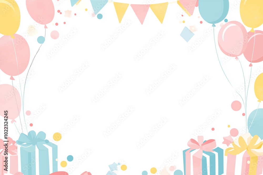 Bright Vector Birthday Frame Background with Text Space, Simple Design, Featuring Balloons and Gifts, in Pink, White, Blue, and Yellow, Perfect for Party Decorations, Minimalist Illustration. Bright Vector Birthday Frame Background with Text Space, Simple Design, Featuring Balloons and Gifts, in Pink, White, Blue, and Yellow, Perfect for Party Decorations, Minimalist Illustration.