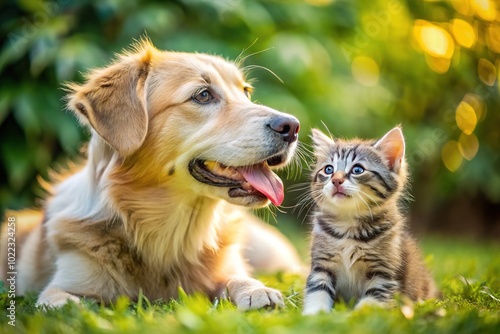 In a delightful garden, a cheerful dog welcomes a tiny kitten, their playful interactions and joyous cuddles creating a beautiful bond filled with warmth and love.