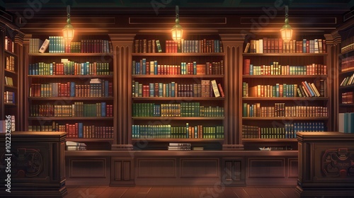 The wooden shelves are lined with a variety of textbooks and academic literature, illuminated softly by warm lights in a serene library. Generative AI