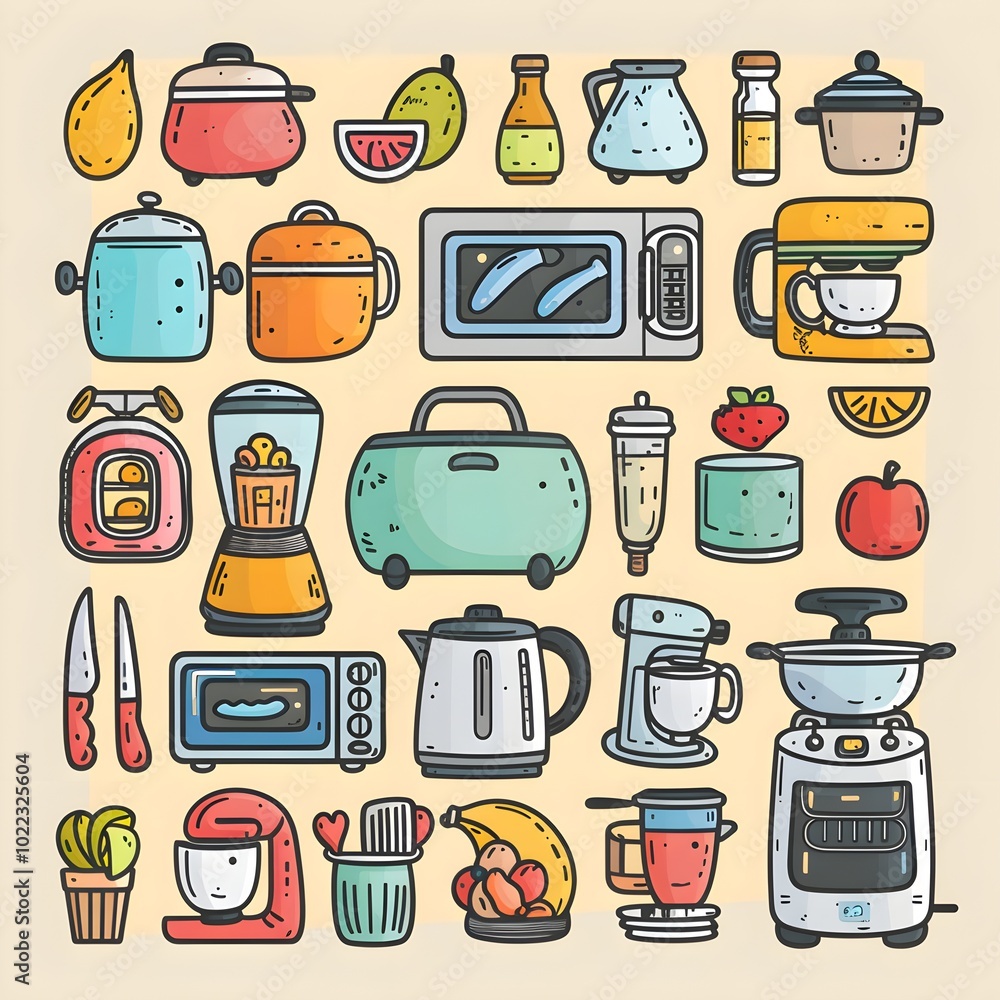 Cute Kitchen Appliances Doodle Art for Home Decor Cute Kitchen Appliances Doodle Art for Home Decor