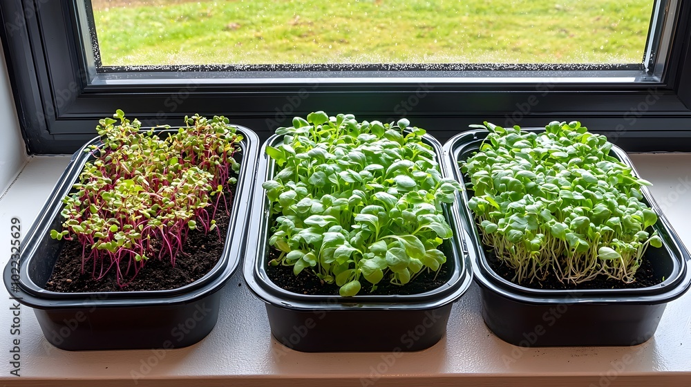 Variety of Vibrant Vegetable Sprouts Growing on Windowsill for Sustainable Indoor Gardening Urban Farming and Homegrown Produce Concept with Lush Greenery in Small Containers Variety of Vibrant Vegetable Sprouts Growing on Windowsill for Sustainable Indoor Gardening Urban Farming and Homegrown Produce Concept with Lush Greenery in Small Containers
