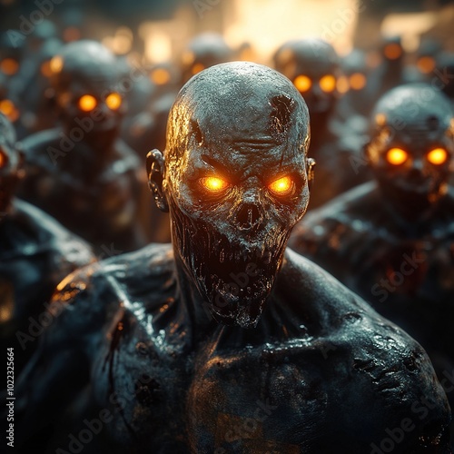 Rotten creepy zombies with glowing eyes,  Halloween horror, spooky season，close-up shot of zombies with glowing eyes, zombie-inspired, horror game style, 3D render, Unreal Engine, high resolution photo