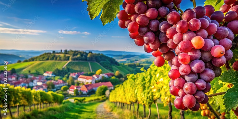 Obraz premium Ripe red grapes adorn a vineyard, with a scenic village and gentle hills in the background, all under a clear blue skyâ€”a perfect natural vista.