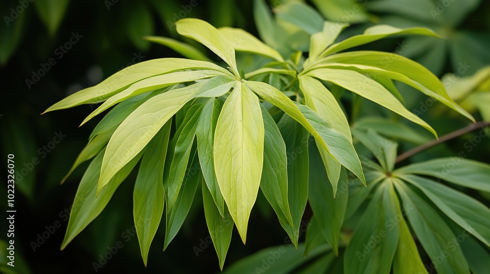 Fototapeta premium This image captures a strikingly detailed leaf of a peony flower, showcasing its rich green color and intricate lobed structure. The leaf, with its smooth surface and delicate texture,