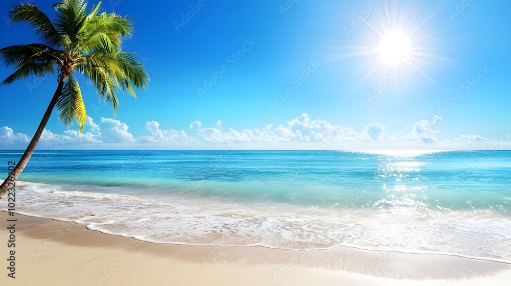 Fototapeta premium Peaceful and picturesque tropical beach scene with swaying palm trees and crystal clear turquoise waters representing the serenity and beauty of a coastal paradise