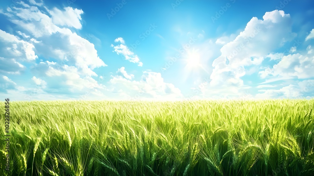 Obraz premium Panoramic view of a peaceful rural countryside with rolling fields of golden wheat stretching out under a vast bright blue sky