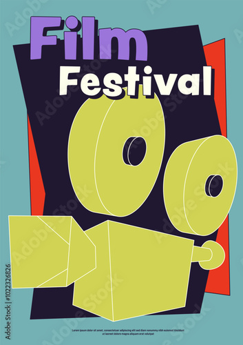 Movie festival poster design template decorated with vintage film camera minimal modern retro style