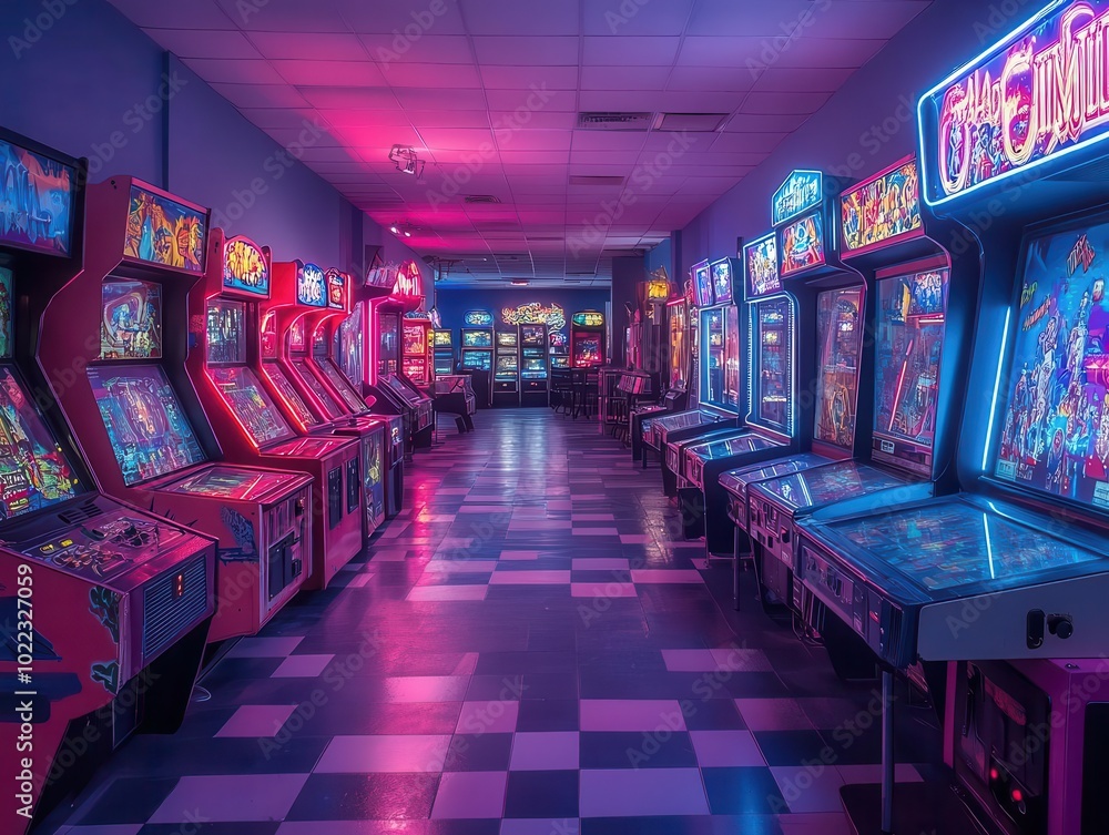 energetic game room filled with various classic arcade games, colorful neon lights illuminating the cheerful atmosphere, inviting players to relive their childhood memories energetic game room filled with various classic arcade games, colorful neon lights illuminating the cheerful atmosphere, inviting players to relive their childhood memories