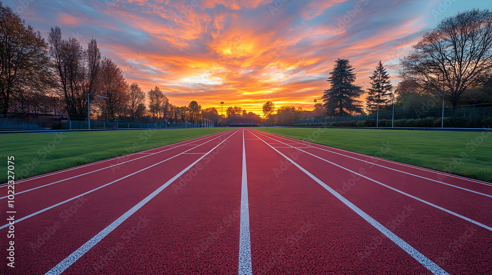 Vibrant Sunset Over Empty Running Track in Stadium Vibrant Sunset Over Empty Running Track in Stadium