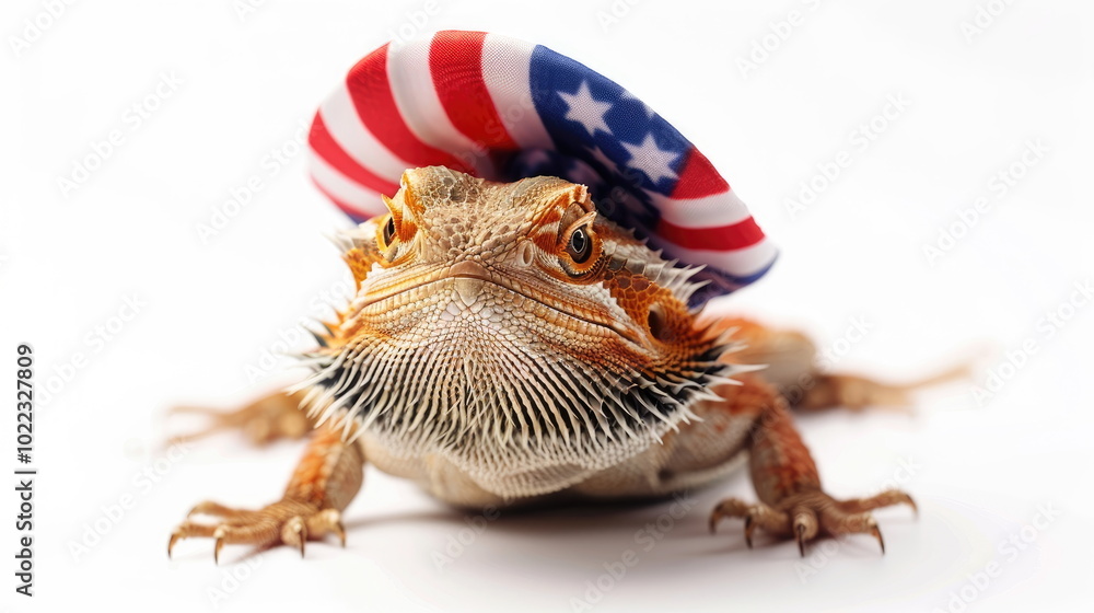 Obraz premium Bearded dragon dressed in festive Independence Day ,Christmas costumes, perfect for holiday cards, calendars, seasonal décor, pet portrait isolated on white background featuring ample space for text