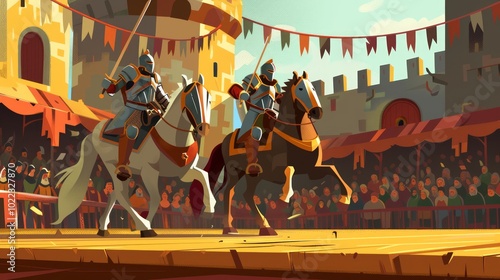 Flat Design Art of Knights Jousting on Horseback photo