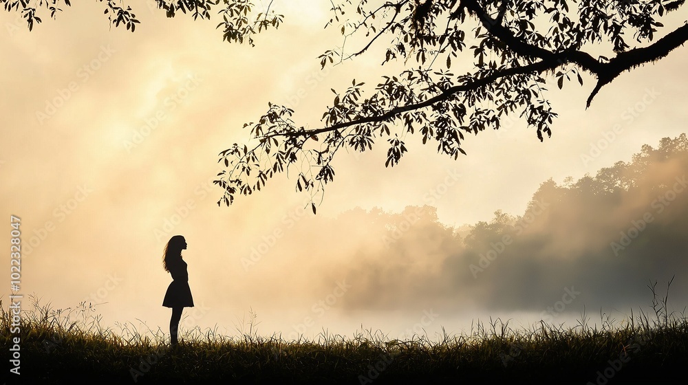 Silhouette of Woman in Misty Landscape at Sunrise Silhouette of Woman in Misty Landscape at Sunrise