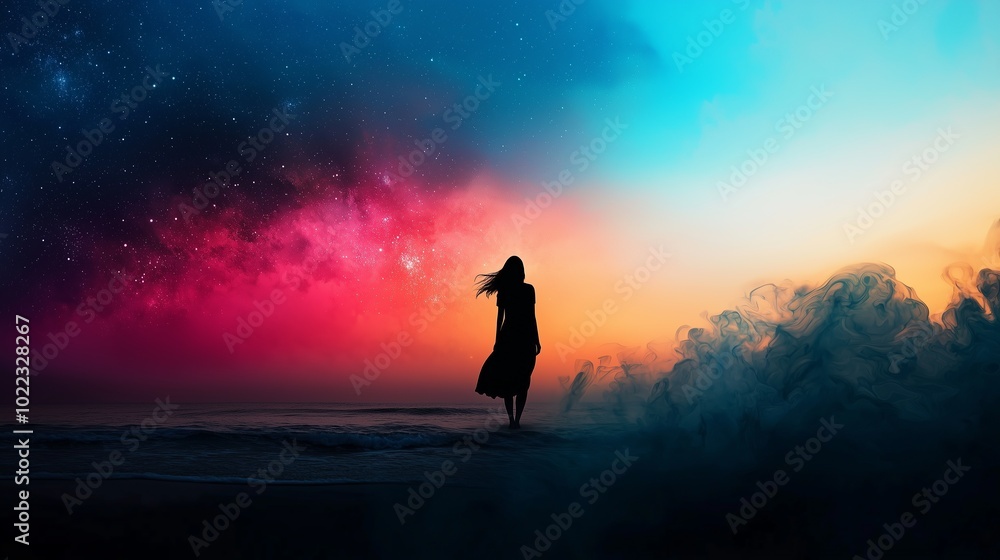Fototapeta premium Ethereal Double Exposure of Silhouette at Sunset
