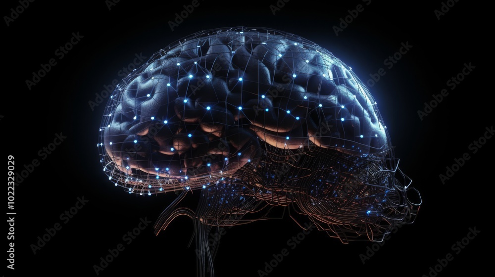 A brain with many wires and lights is shown A brain with many wires and lights is shown