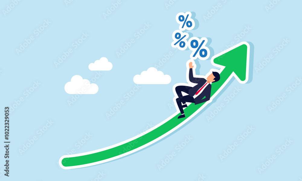 A businessman relaxes on an upward-trending graph while envisioning percentages, illustrating the relationship between company performance and revenue growth A businessman relaxes on an upward-trending graph while envisioning percentages, illustrating the relationship between company performance and revenue growth