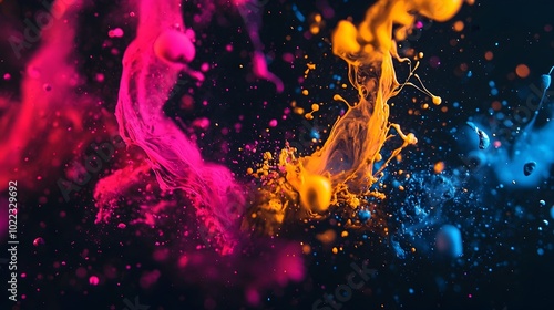 Vibrant abstract background with splattered neon colors and sharp lines creating a chaotic yet and captivating effect  This modern dynamic and visually striking image evokes a sense of energy photo