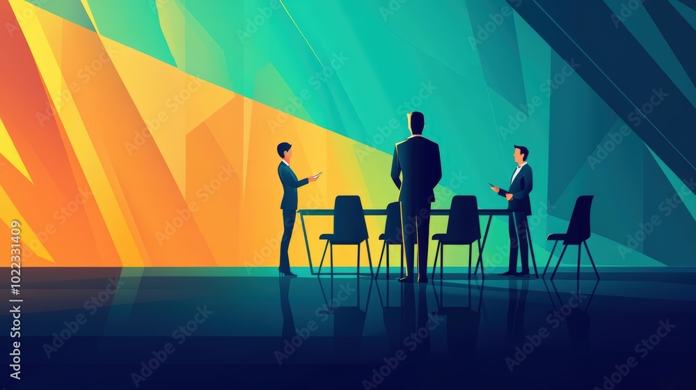 Three men in suits stand in a room. Three men in suits stand in a room.