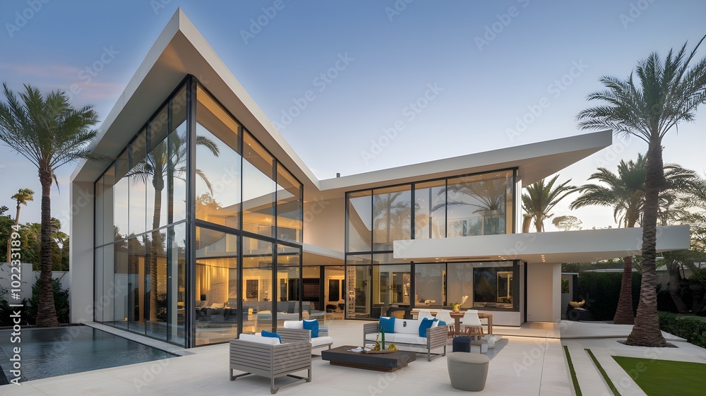 A photo of a modern luxury home with sharp geometric glass facade and swimming pool in a tropical landscape setting A photo of a modern luxury home with sharp geometric glass facade and swimming pool in a tropical landscape setting