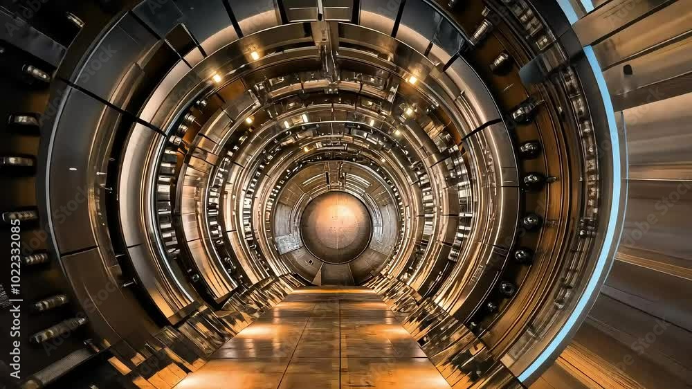 A futuristic tunnel with metallic walls and a spherical end, suggesting a high-tech environment, possibly related to science or technology. A futuristic tunnel with metallic walls and a spherical end, suggesting a high-tech environment, possibly related to science or technology.