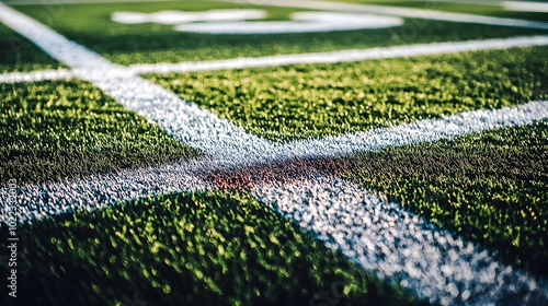 Detailed close up shot of a meticulously designed football field showcasing the textured grass surface and precisely painted white lines that create the playing area