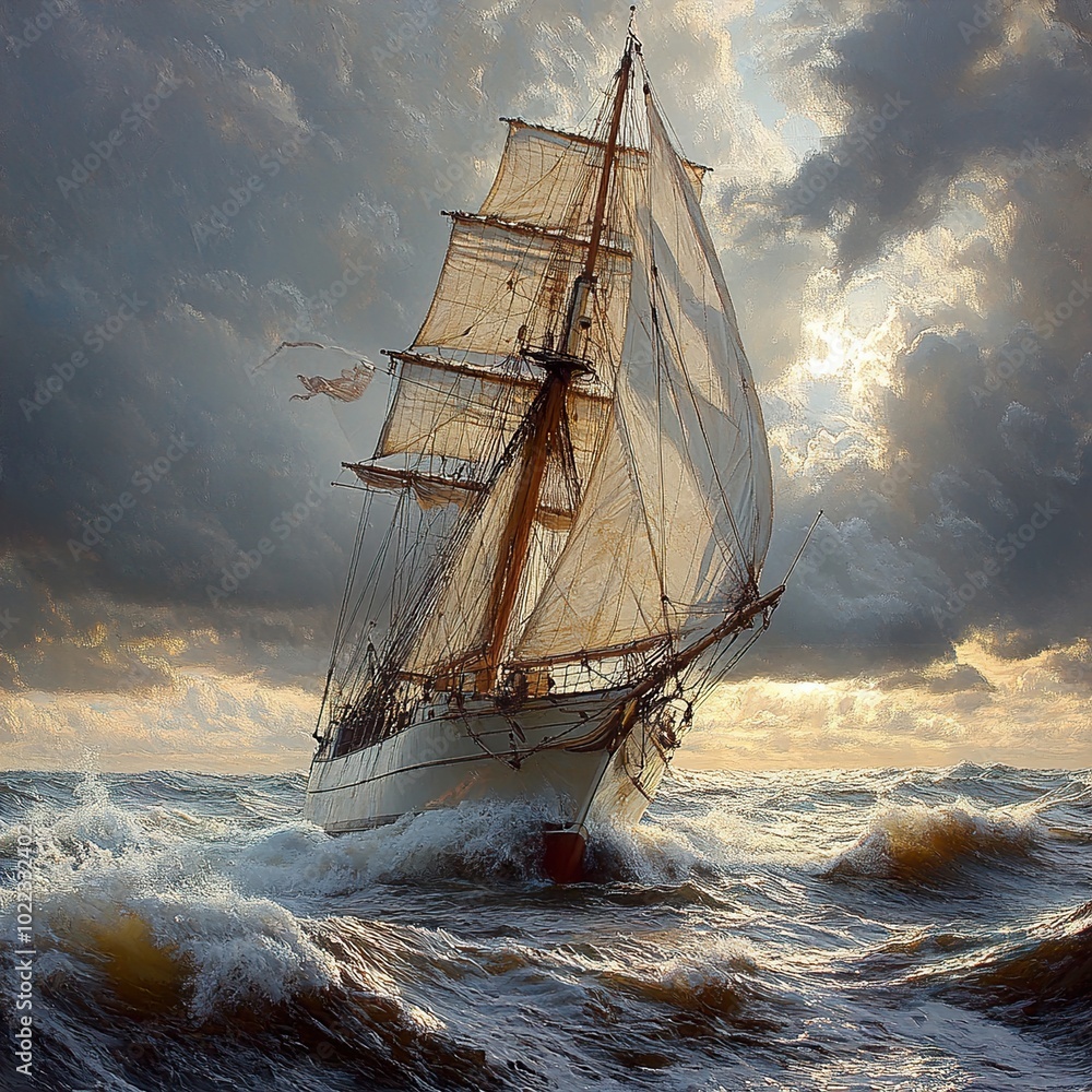 Obraz premium Sailing Ship on a Stormy Sea at Sunset
