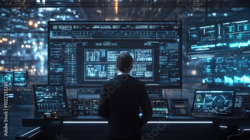 Man overlooking a futuristic computer interface.