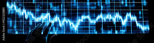 Downward line graph with a person checking the data on a screen, financial decline, stock photo, ample copy space, Hand of a stock broker analysing line graph on computer screen, Investor analysing.