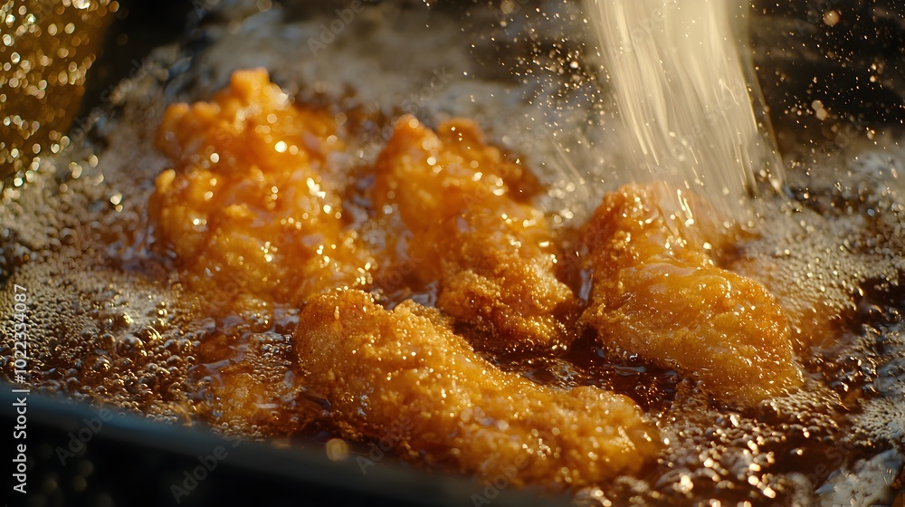 Mouthwatering image of sizzling golden brown fried chicken pieces cooked in hot oil with bubbling texture and crispy breaded coating capturing the heat and savory aroma of the frying process Mouthwatering image of sizzling golden brown fried chicken pieces cooked in hot oil with bubbling texture and crispy breaded coating capturing the heat and savory aroma of the frying process