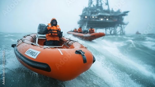 Rescue boats navigating rough waters near an oil rig in stormy conditions. photo