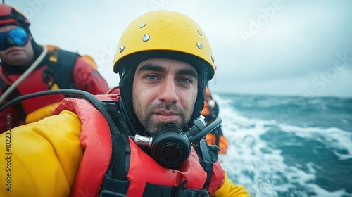 Rescue diver ready for action in rough seas with safety gear and determined expression.