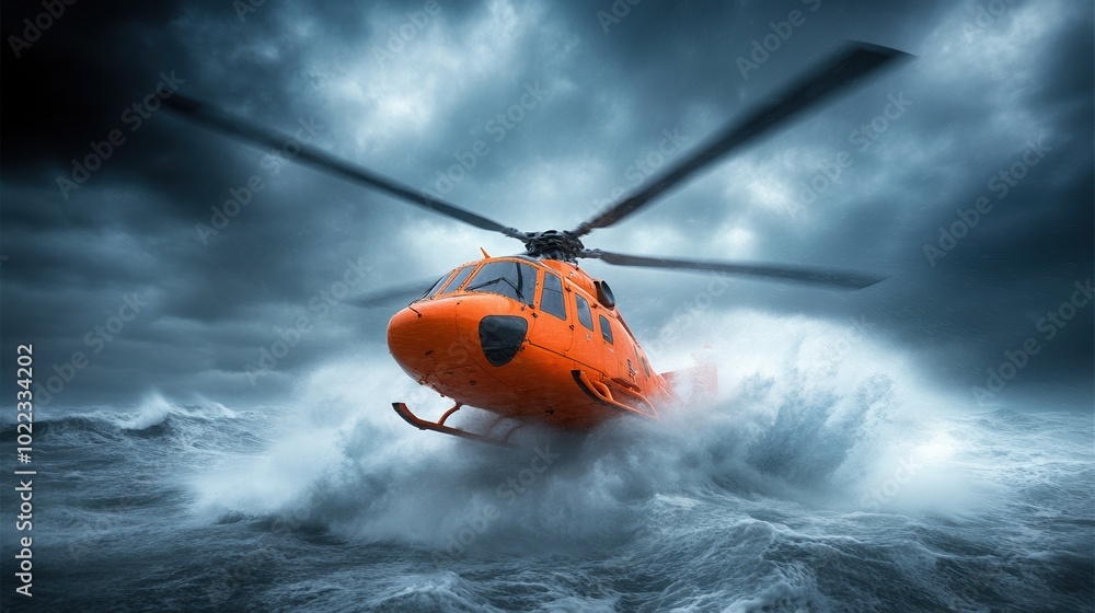 Fototapeta premium Rescue helicopter flying over turbulent sea during storm, dramatic sky.