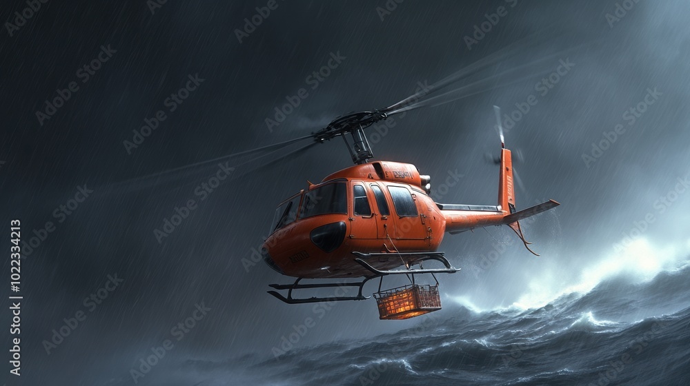 Rescue helicopter flying through stormy weather with dark, turbulent clouds. Rescue helicopter flying through stormy weather with dark, turbulent clouds.
