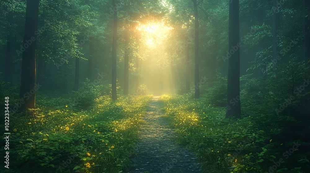 Obraz premium Enchanted Forest Path with Golden Sunlight
