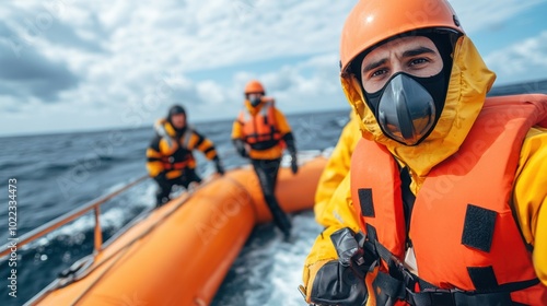 Rescue workers on a lifeboat wearing safety gear on the ocean.