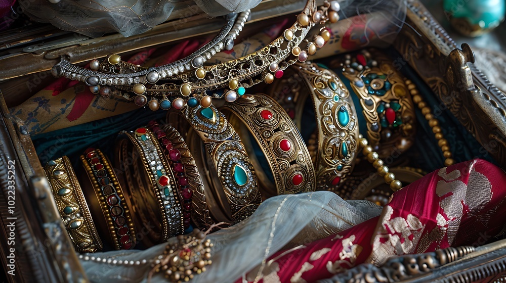 Obraz premium Traditional ornate bangles elegantly arranged in an antique jewelry box surrounded by luxurious fabrics and period decorations that highlight their historical significance